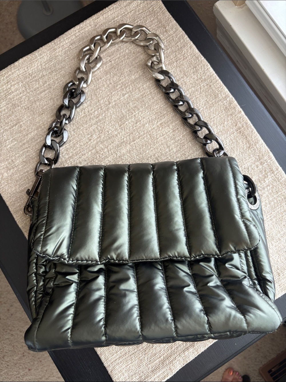 THINK ROYLN Quilted Puffer Shoulder Bag in Dark Green with Chain Strap
